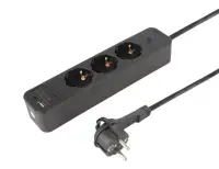 ETM 55.201.24 elosztó, 3 aljzat, kapcsolós, fekete, USB-A, USBC aljzat, 1,5 méter hosszú