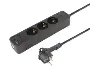 ETM 55.201.24 elosztó, 3 aljzat, kapcsolós, fekete, USB-A, USBC aljzat, 1,5 méter hosszú