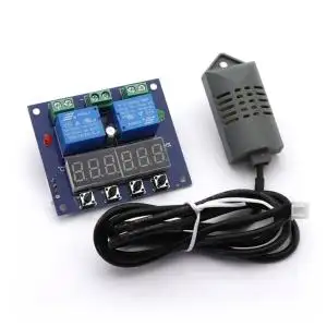 Hőmérséklet és páratartalom alapú vezérlő modul, 12V DC, 10A, 2 relé kontakt kimenet, NO